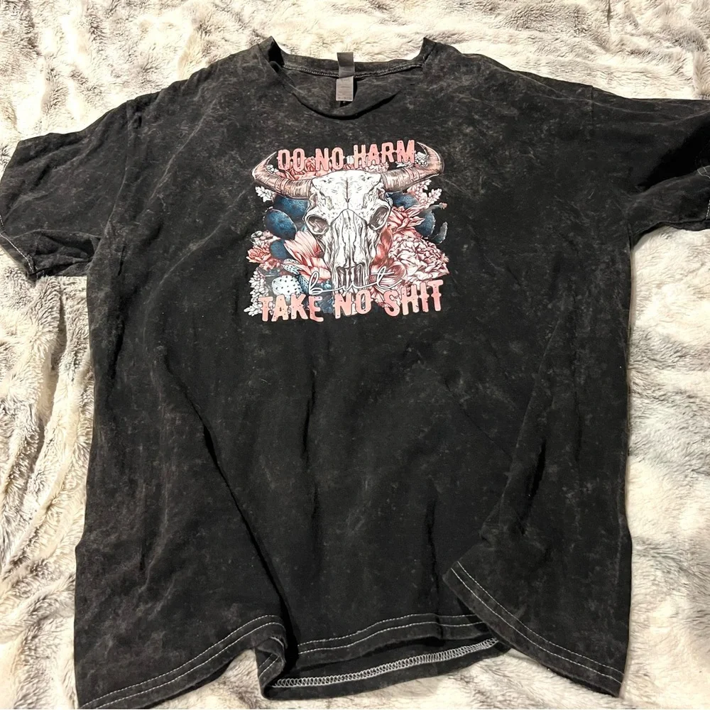 Black Cotton Tee with Skull & Floral Do No Harm Take No Sh!T T Shirt XL - Picture 6 of 7